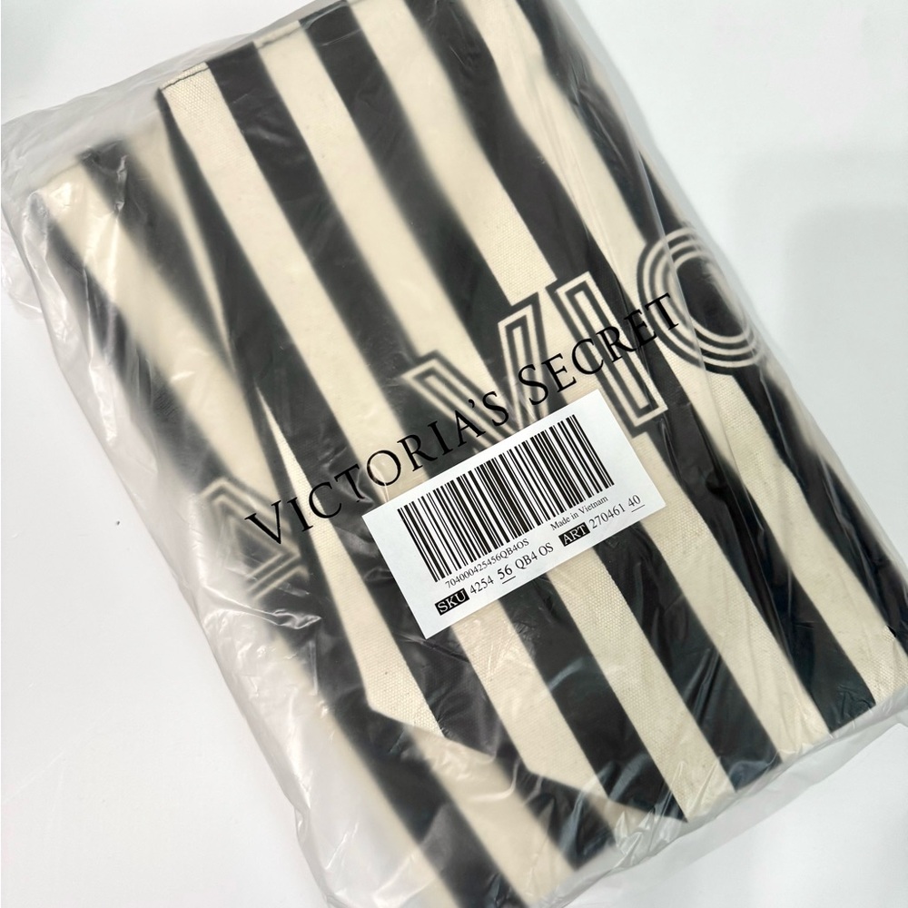 Victoria's Secret Logo Canvas Tote Bag & Wristlet - Black & White Stripes - Picture 4 of 8